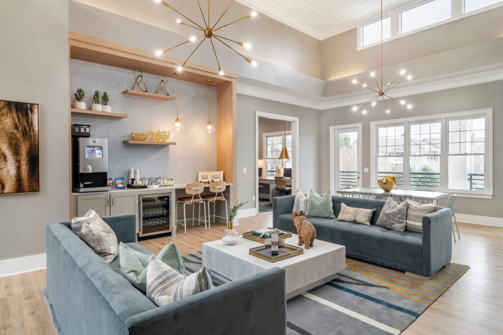 Clubhouse with lounge seating and coffee bar