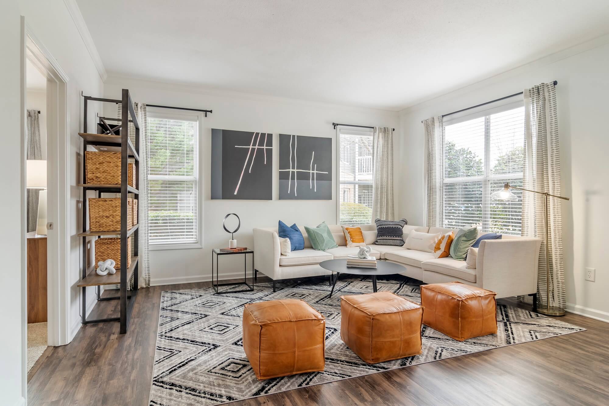 Model living room with large windows