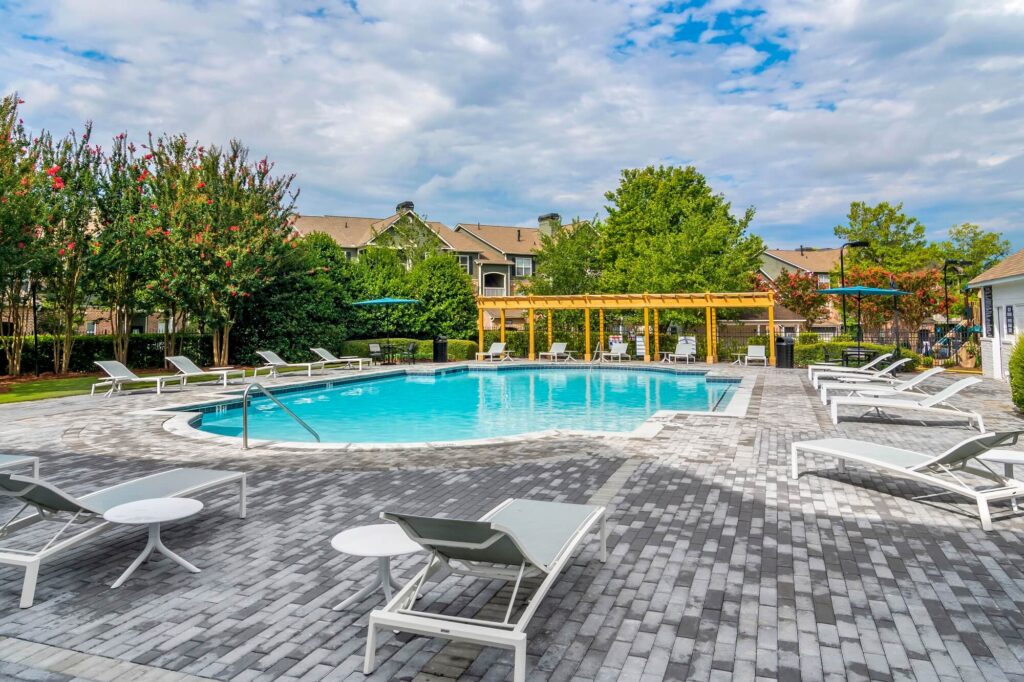 Pool with covered and uncovered deck seating