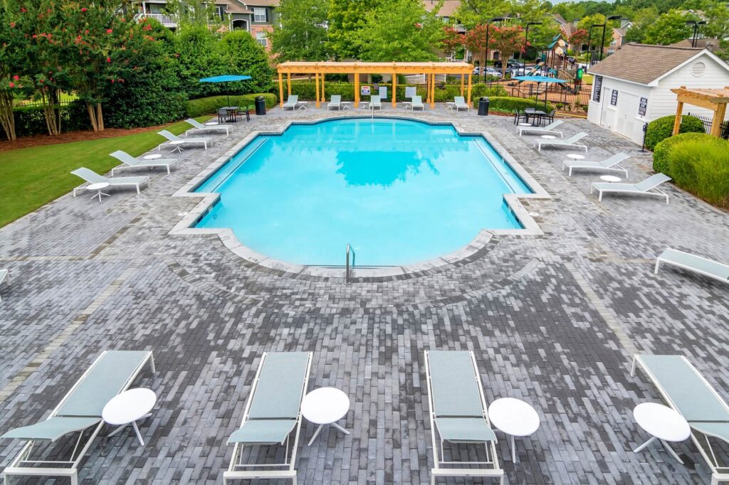view of the pool from the clubhouse balcony